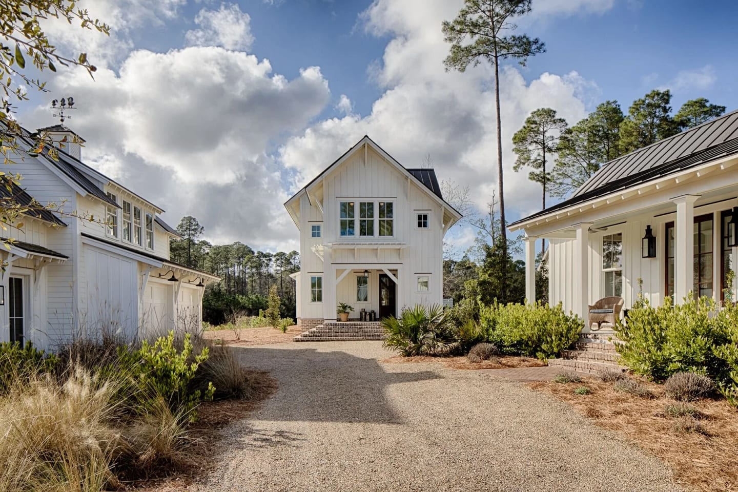 Exterior three buildings close, Duck Crossing Residence in Palmetto Bluff, South Carolina