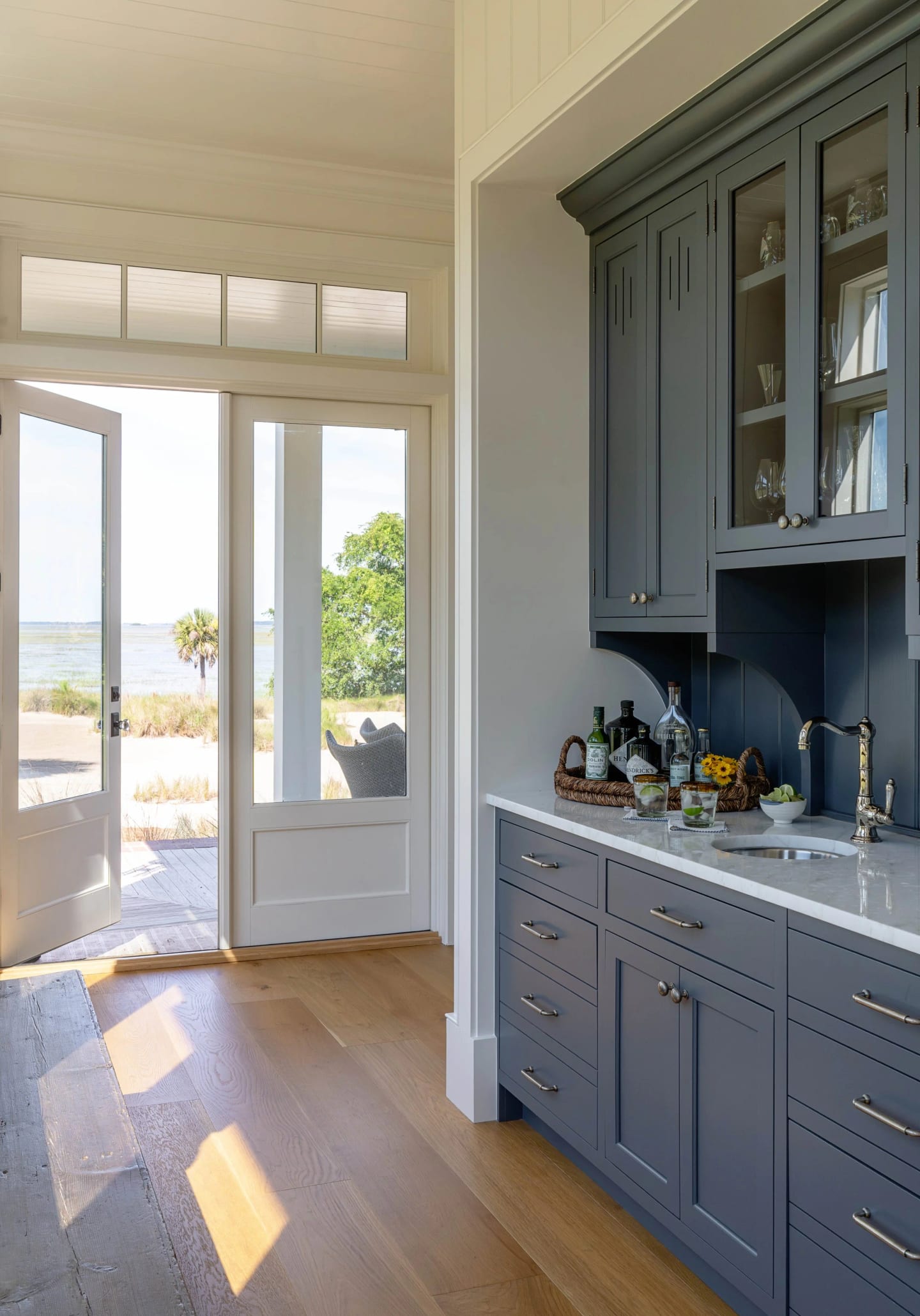 Bar blue cabinets, Lowcountry Waterfront Home on Spring Island, South Carolina