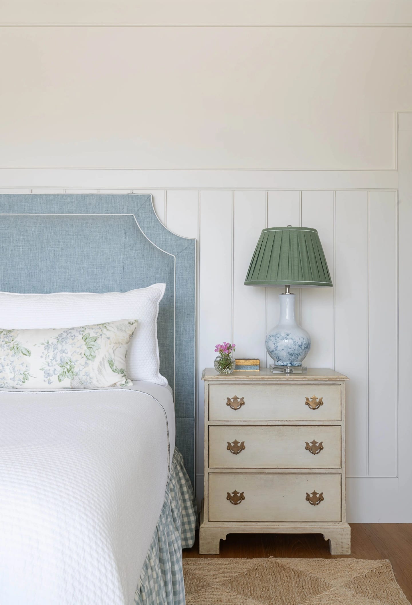 Bedroom blue headboard, Lowcountry Waterfront Home on Spring Island, South Carolina