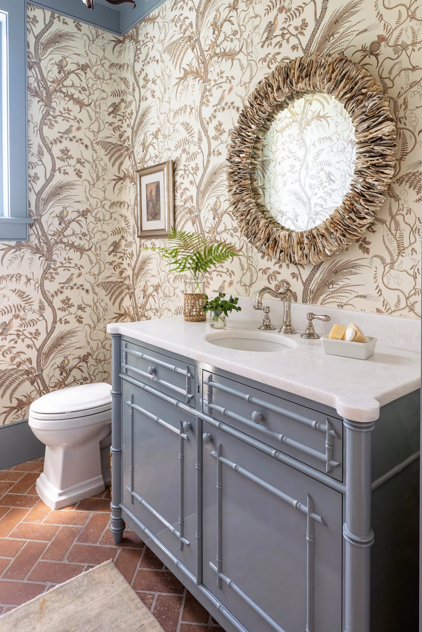 Powder room blue vanity, Lowcountry Waterfront Home on Spring Island, South Carolina