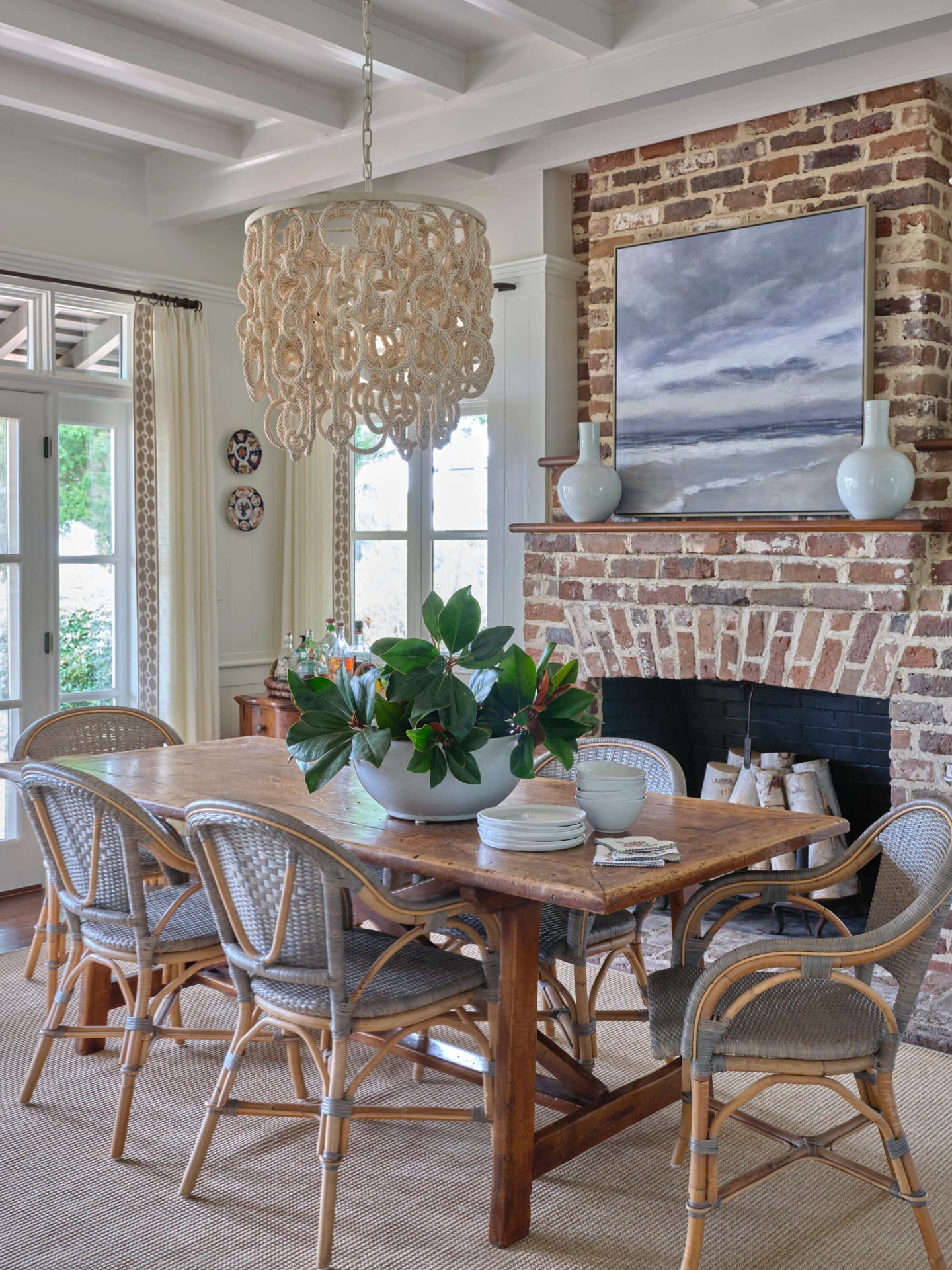 Dining brick fireplace, Old Tabby Links Cottage in Okatie, South Carolina
